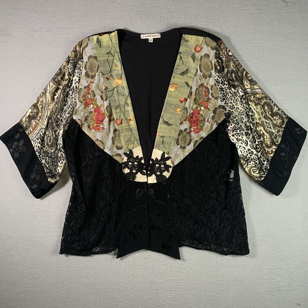 Spencer Alexis Kimono Jacket Floral Silk Blend Multi-Media Black Size L USA Vtg